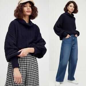 Free People Cowl Neckline Be Yours Pullover Chunky Knit Sweater Black Sz Medium